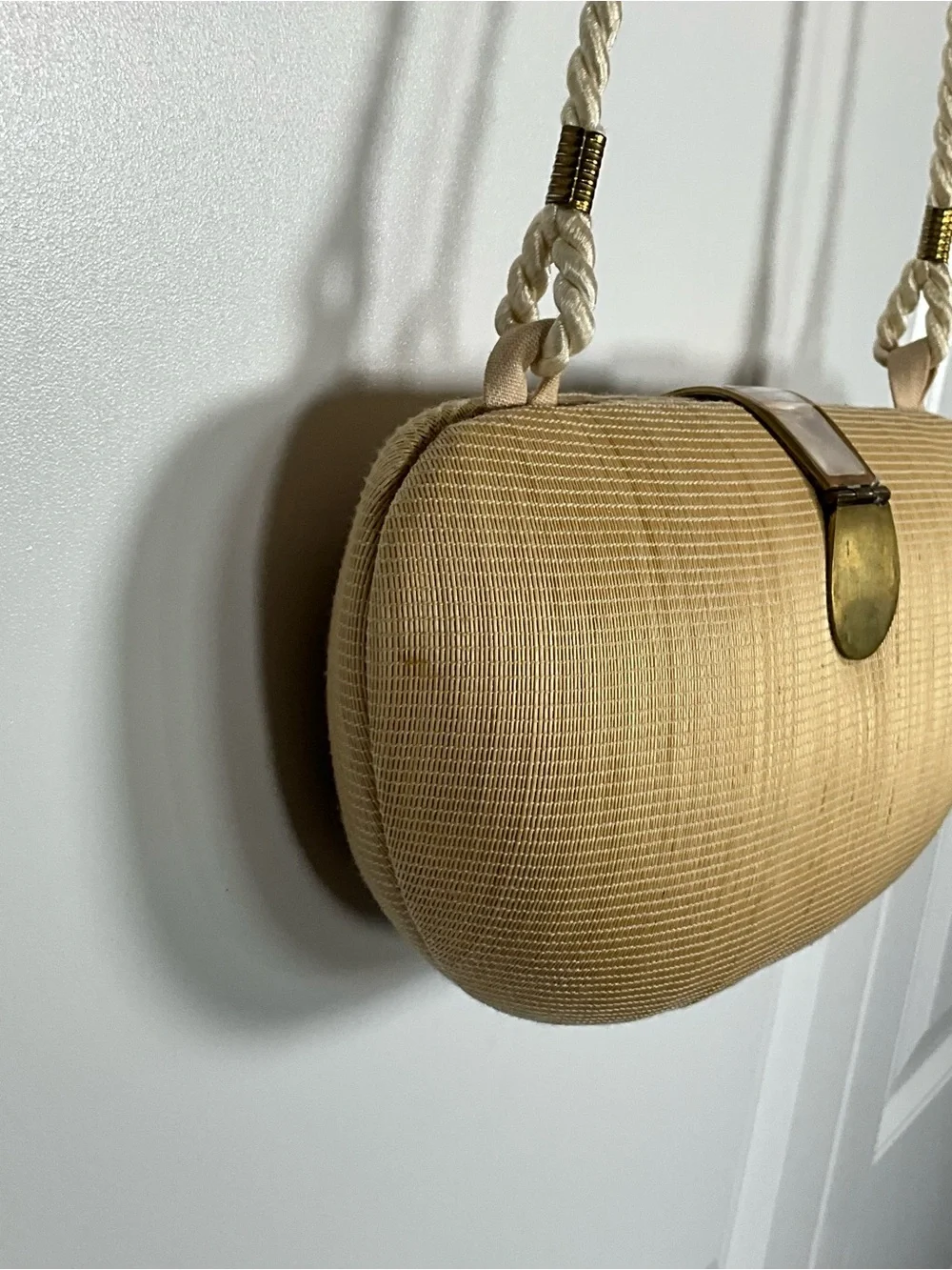 Vintage Gabriella Beige Woven Clutch or Shoulder Bag with Mother-of-Pearl Clasp